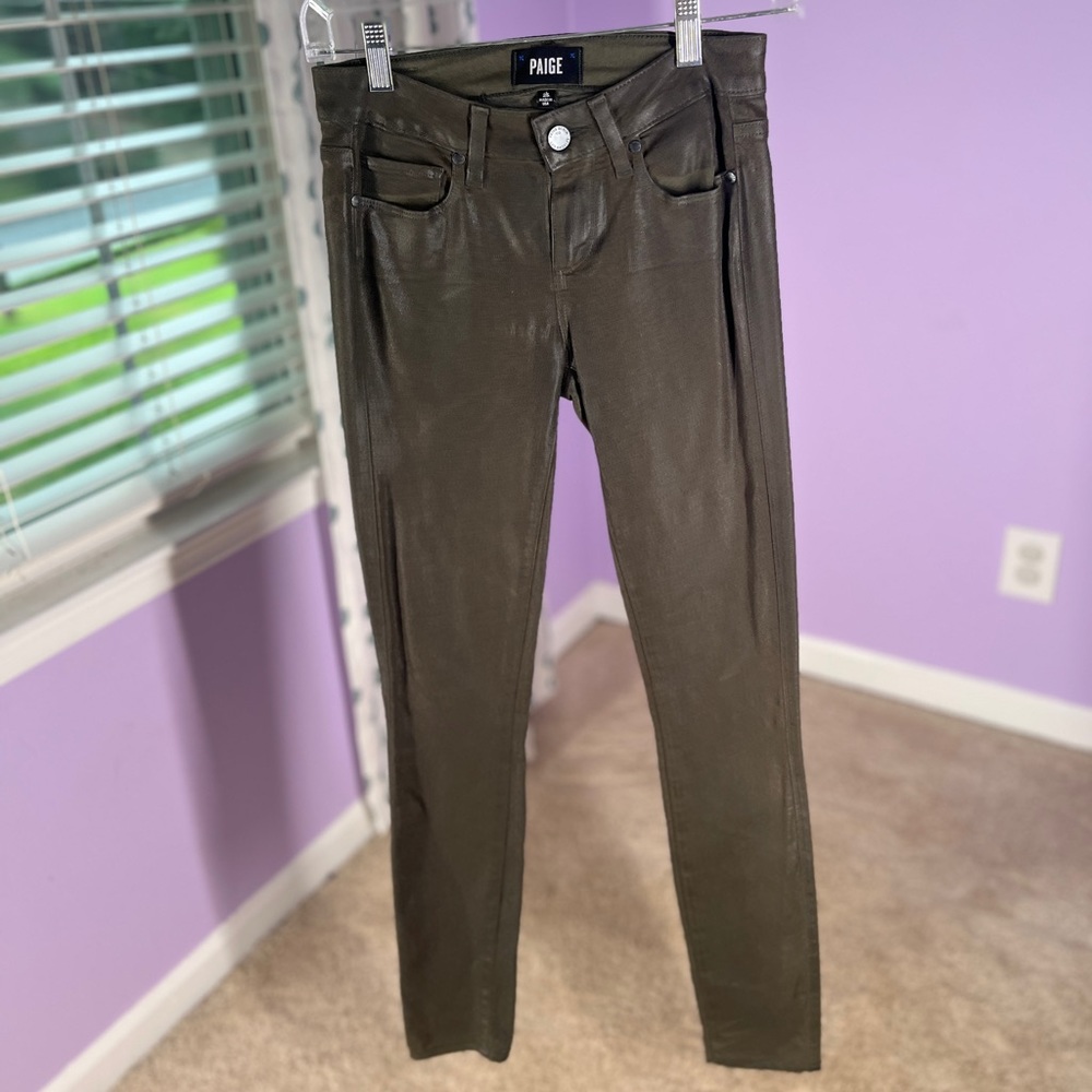 Paige Shimmer Green Skinny Jeans